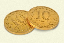 Медаль "Золотая 10 руб" 4.5 гр .1/180